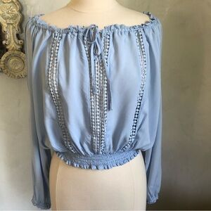 Iris bohemian ice blue peasant off the shoulder long open sleeved size Large